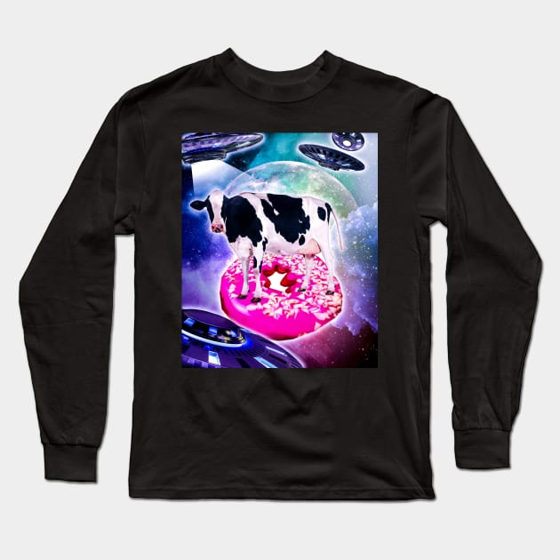 Cow Riding Doughnut In Space With Ufo Long Sleeve T-Shirt by Random Galaxy